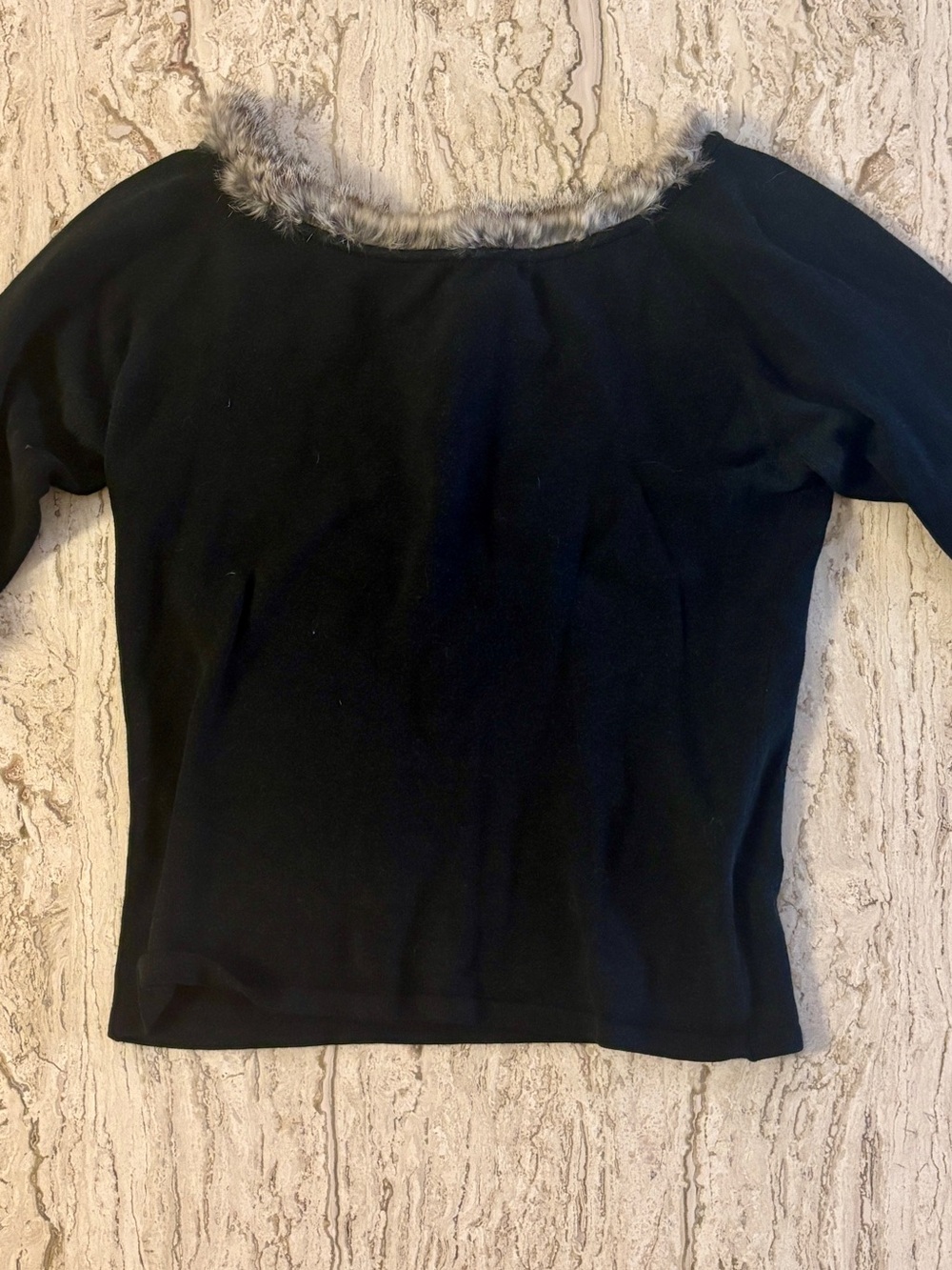Guess Collection Black Knit Sweater Top with Fur Trim